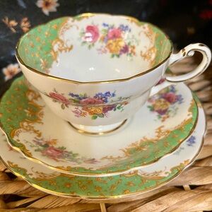 Floral Gold-Trim Green Bone China Teacup & Saucer Set